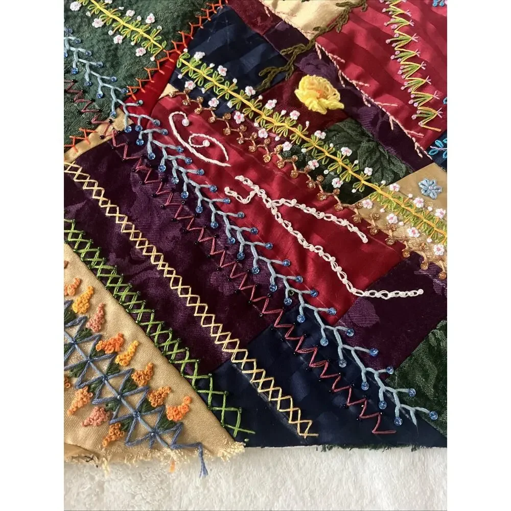Antique Victorian Style Crazy Quilt Block 16” Silk Velvet Hand Embroidery Beaded